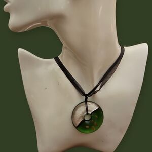 Vintage Green and Metallic Silver Washer Donut Glass Pendant Ribbon Necklace